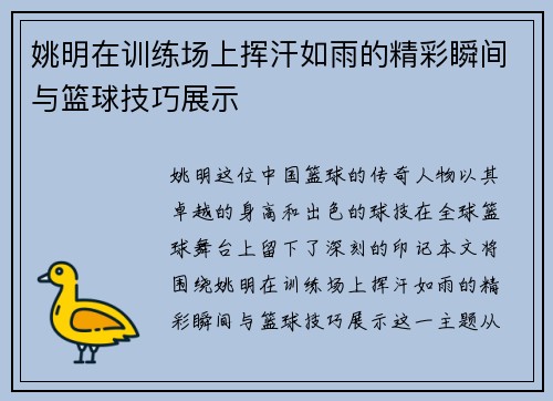姚明在训练场上挥汗如雨的精彩瞬间与篮球技巧展示
